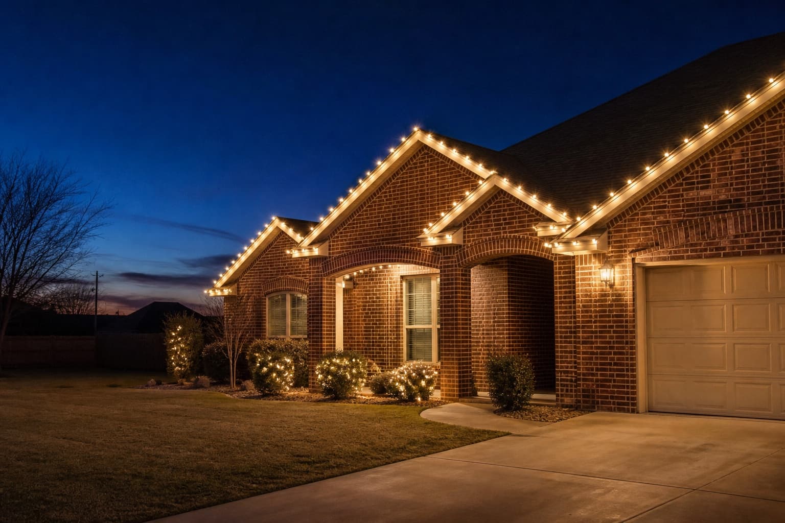 AI-rendered West Texas brick home with warm-white holiday lighting at dusk